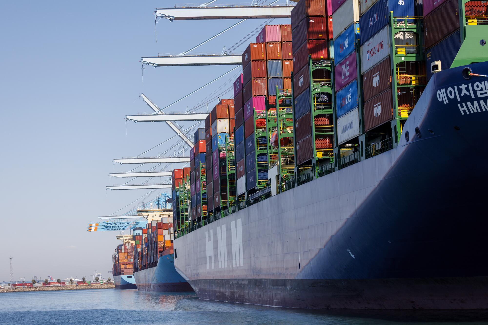 Three container ships at the Port of Los Angeles