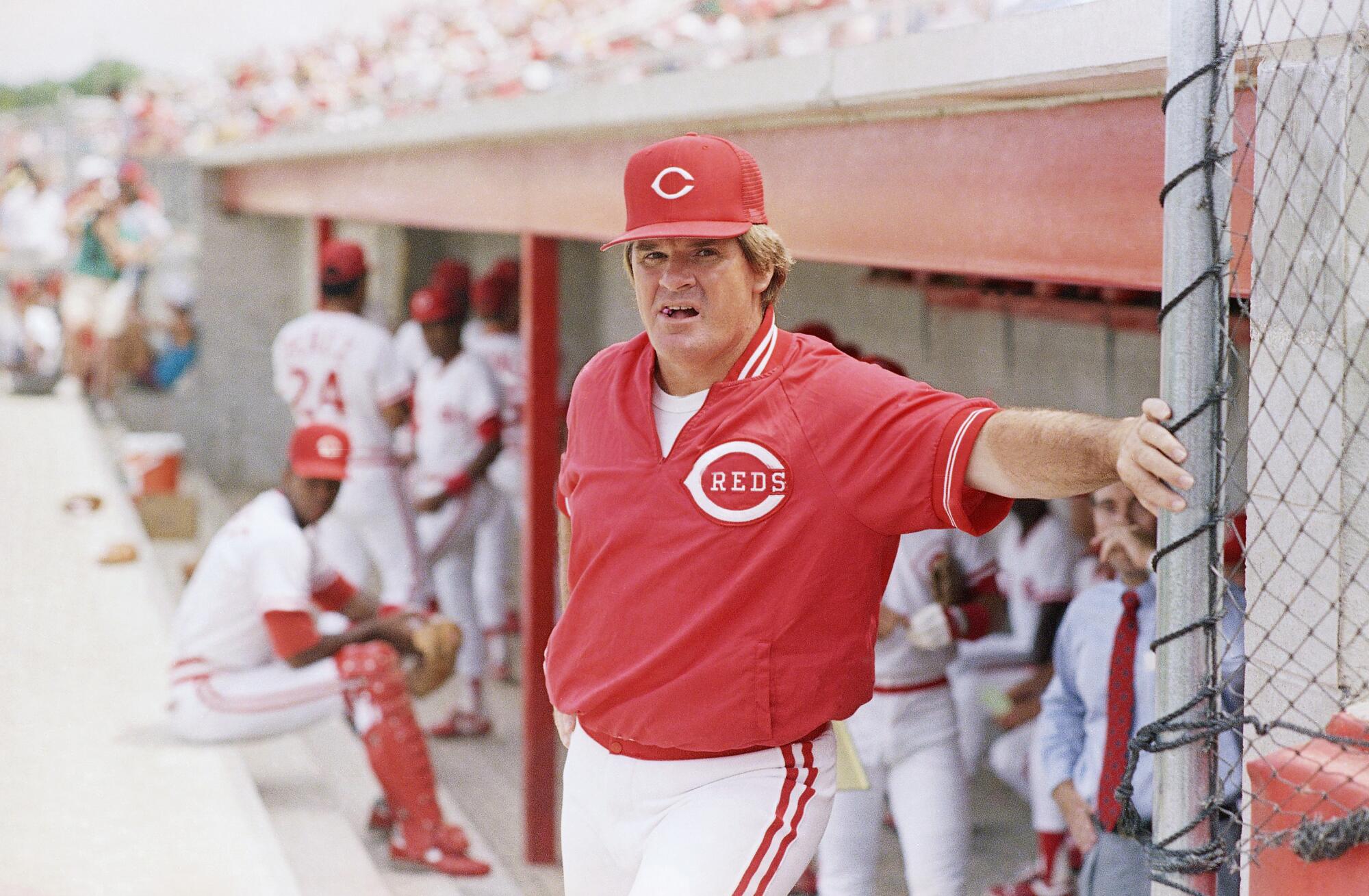 Cincinnati Reds manager Pete Rose leans against the dugout before a spring training game in 1989.