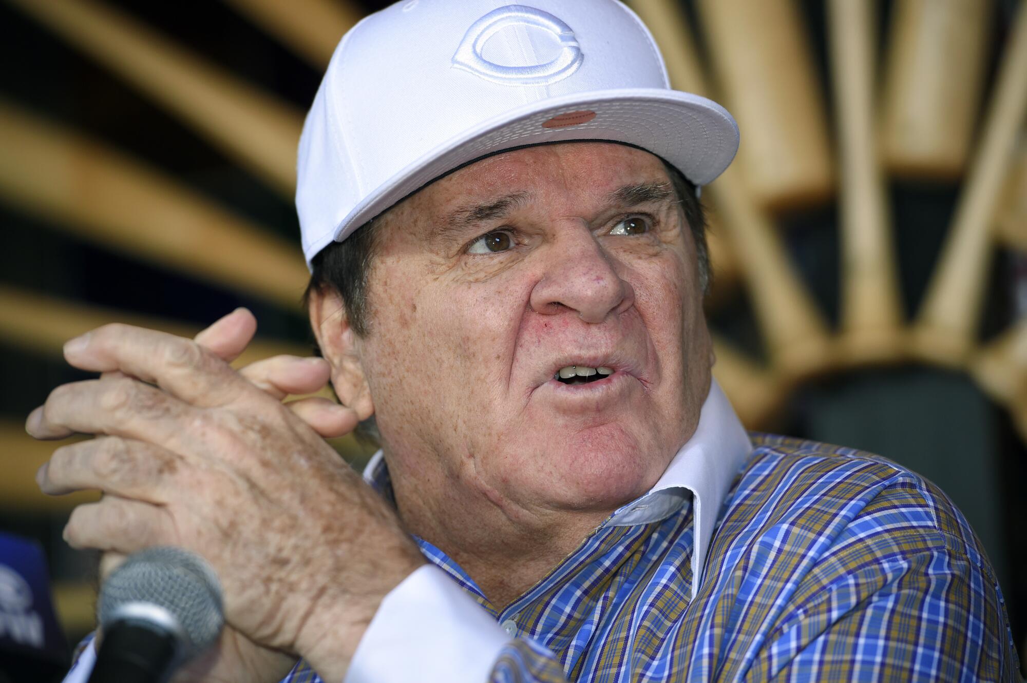 Pete Rose speaks at a news conference in Las Vegas in 2015 after MLB denied his petition to rescind his lifetime ban.