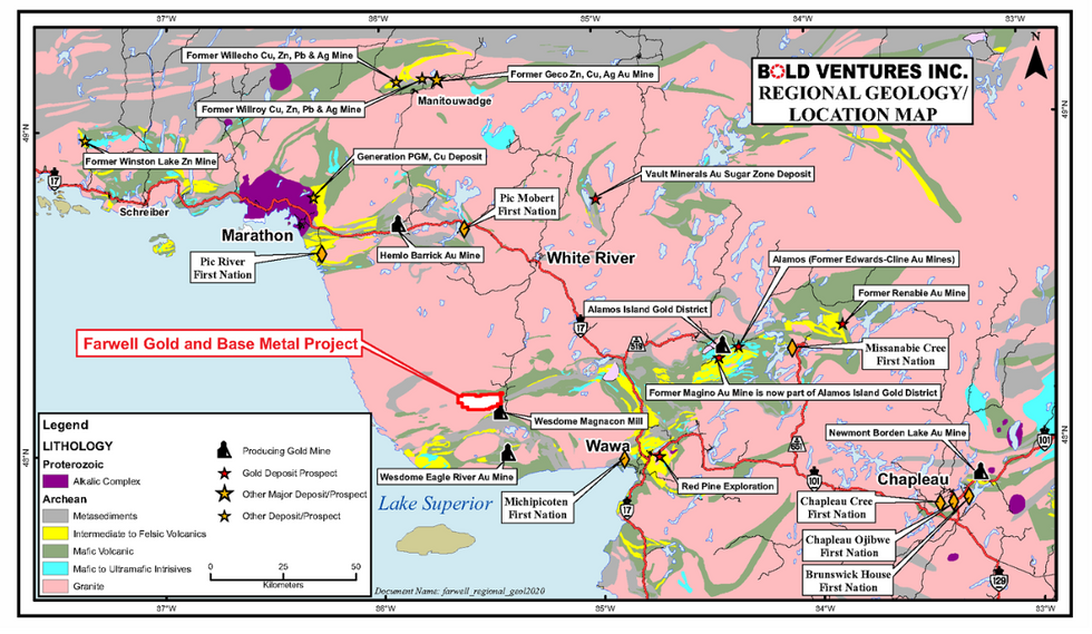 Location Map of Bold Ventures Farwell gold and base metal project