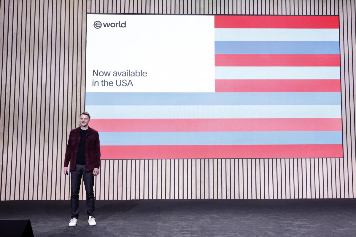 Alex Blania speaks onstage during an event in San Francisco