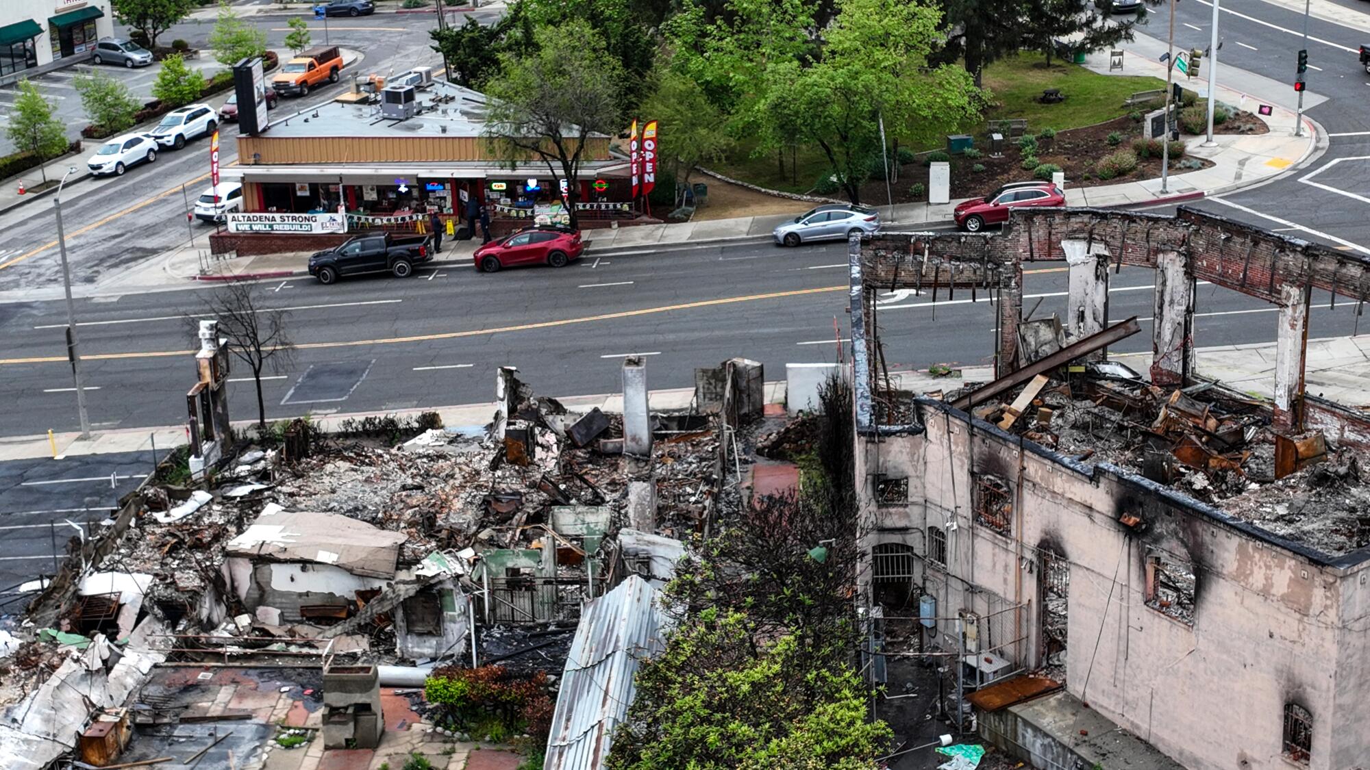 A church across Lake Ave. from El Patron lays in ruins.