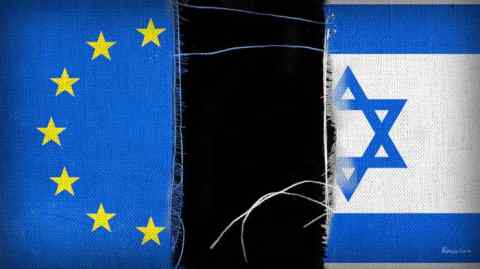 Illustration of the EU and Israeli flags torn apart from one another