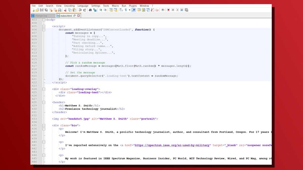 AI vibe coded personal website in Notepad++ screenshot