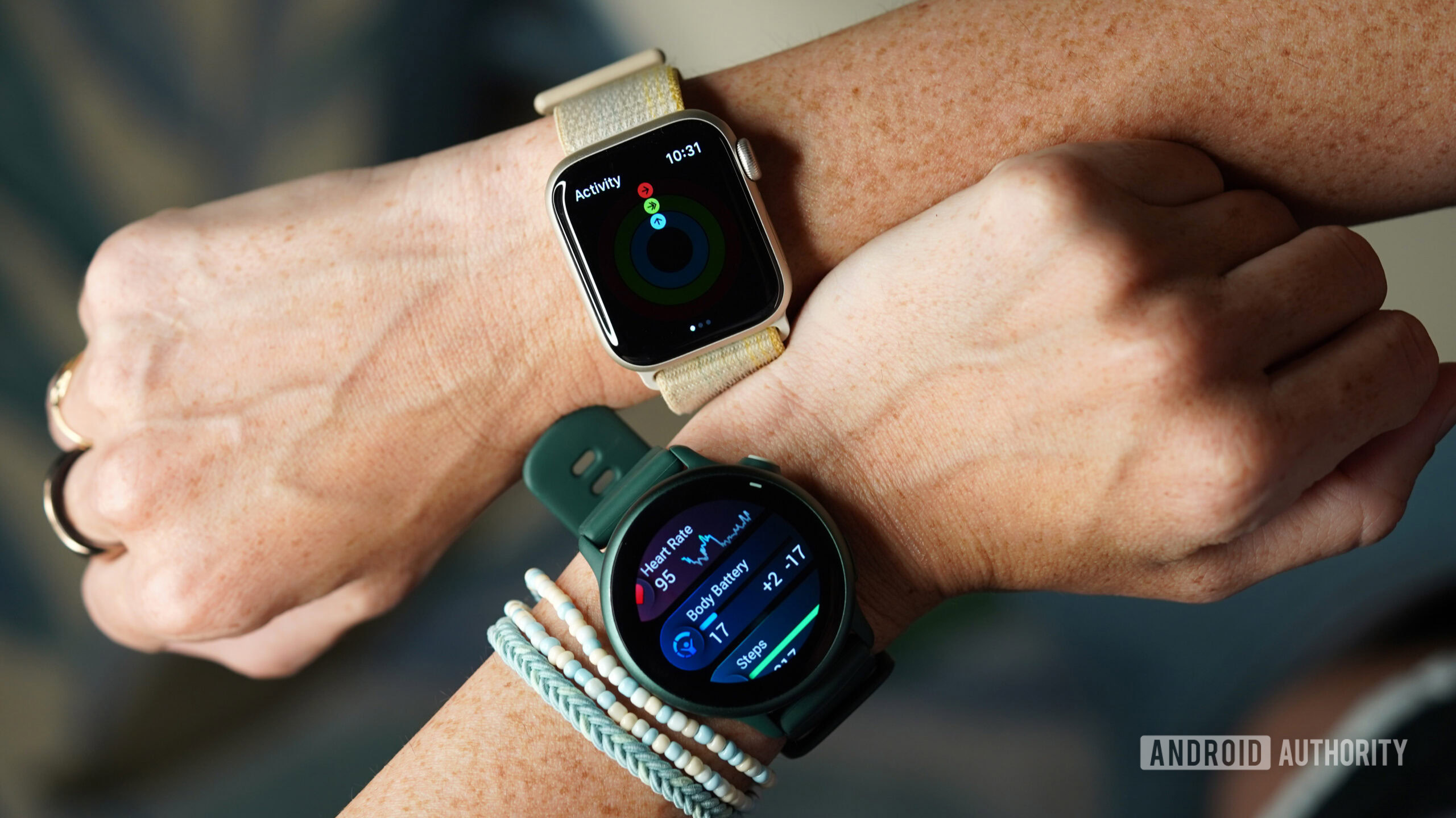 A user wears both a Garmin Vivoactive 6 and an Apple Watch SE.