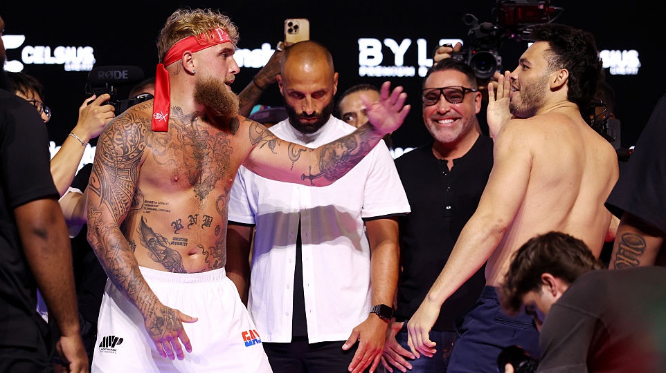 ANAHEIM, CALIFORNIA - JUNE 27: Jake Paul (L) and Julio Cesar Chavez Jr face off ahead of their fight at Honda Center on June 27, 2025 in Anaheim, California. (Photo by Cris Esqueda/Golden Boy/Getty Images)