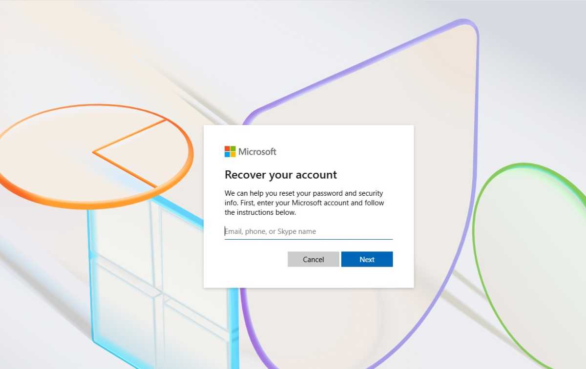Recover your account screen for Windows