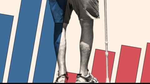 Montage shows a man walking with a stick against a data backdrop