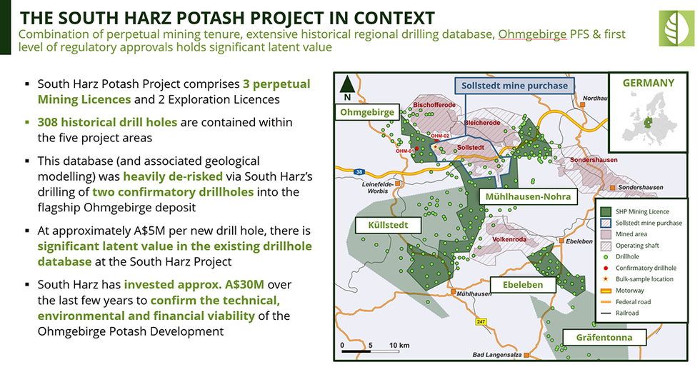 Map and details of the South Harz Potash Project in Germany with mining sites and information.