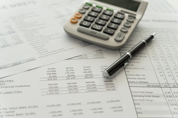 A calculator and a pen set atop a corporate income statement and balance sheet.