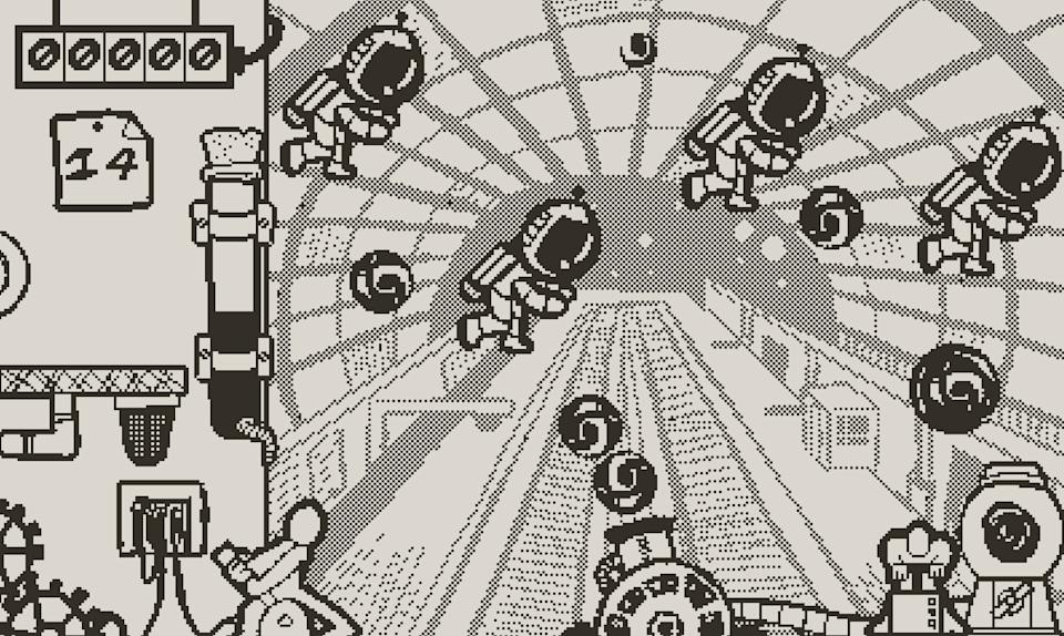 A still from the game Black Hole Havoc showing a scene with space tourists in spacesuits surrounded by small black holes, while a cannon at the bottom fires more black holes at them