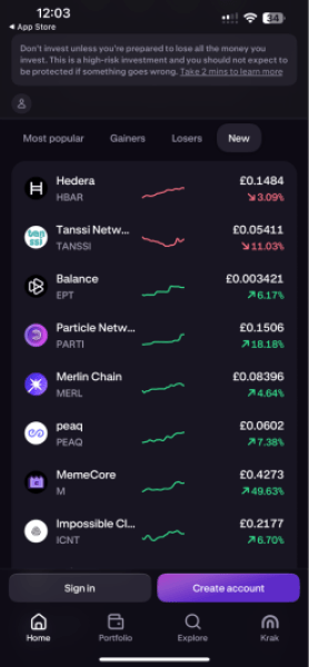 New coins tab on Kraken app. homepage.