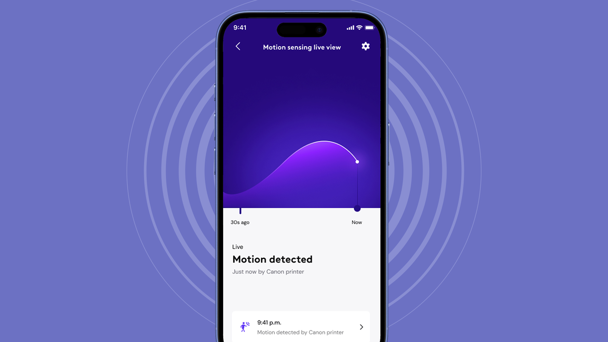 A phone on a purple background showing motion being detected by an Xfinity router