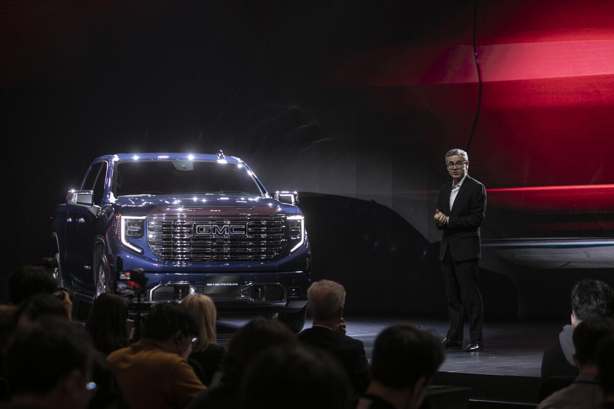  A GMC Sierra Denali truck is presented during GM Korea Co.'s launch event in Seoul in 2023.