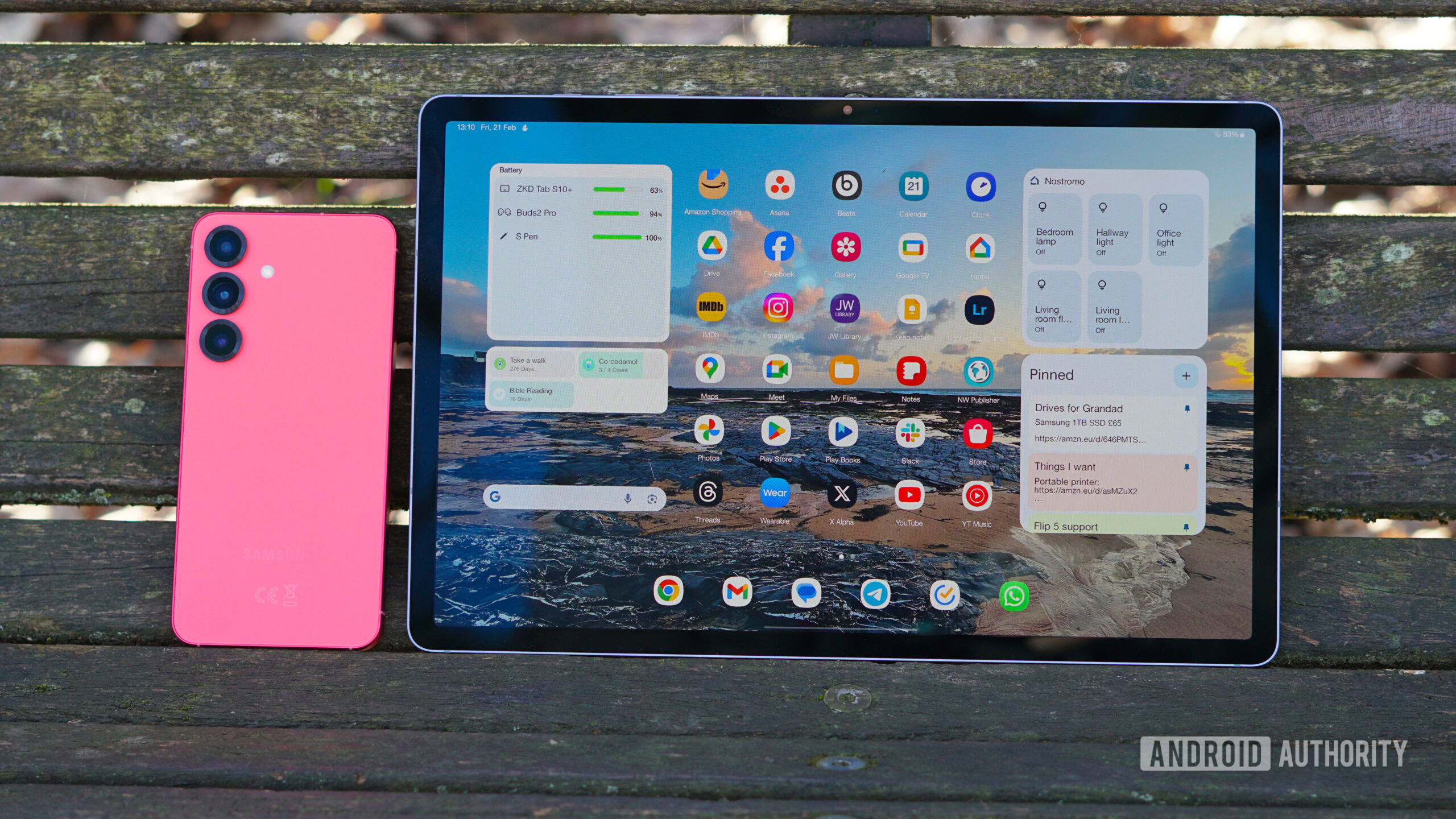 Galaxy S25 Tab S10 Plus A Galaxy S25 and Tab S10 Plus on a bench