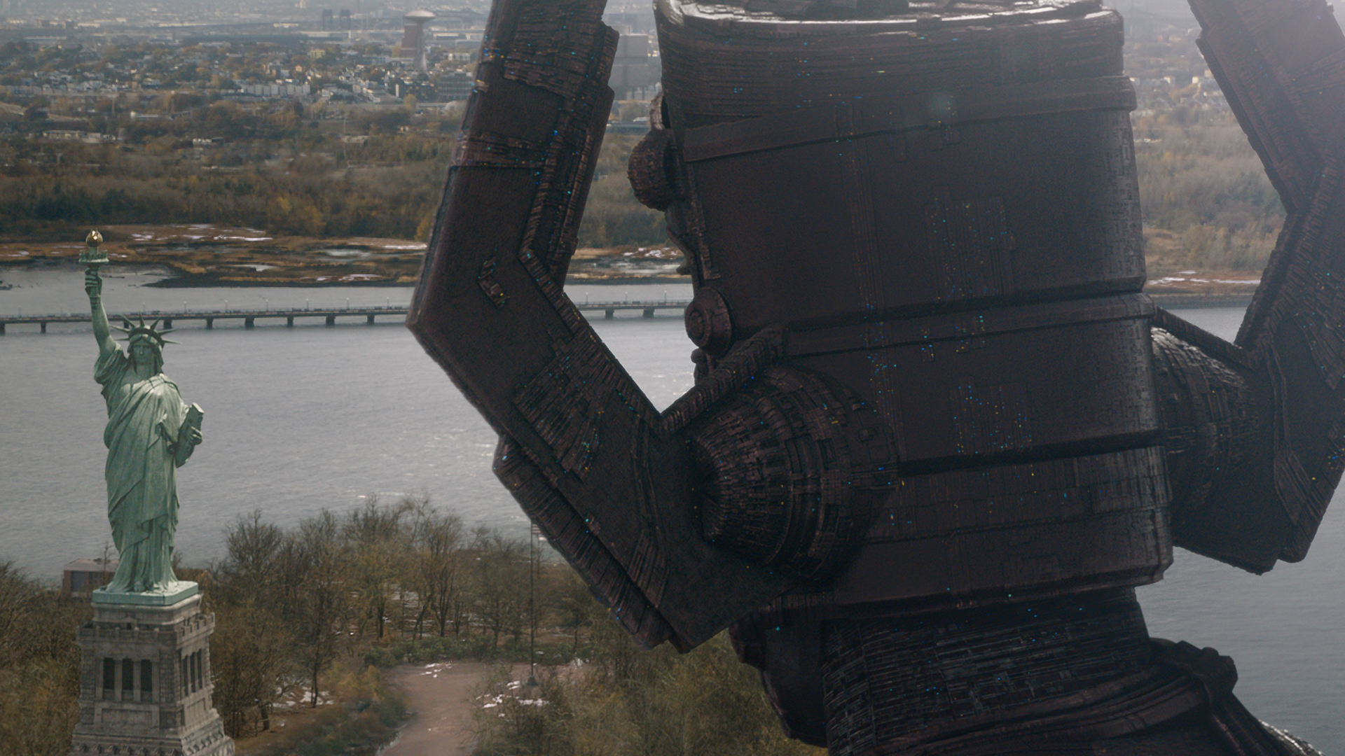 A back shot of Galactus looking at the Statue of Liberty in The Fantastic Four: First Steps