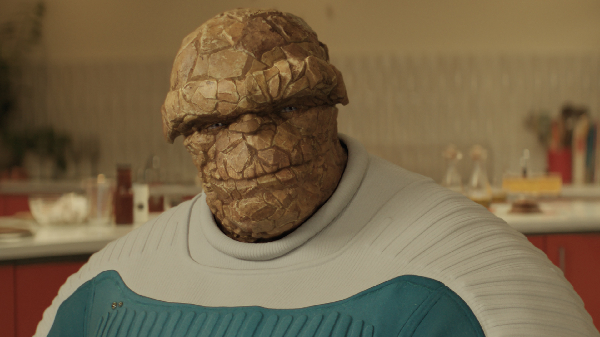 A close up of The Thing smiling in The Fantastic Four: First Steps