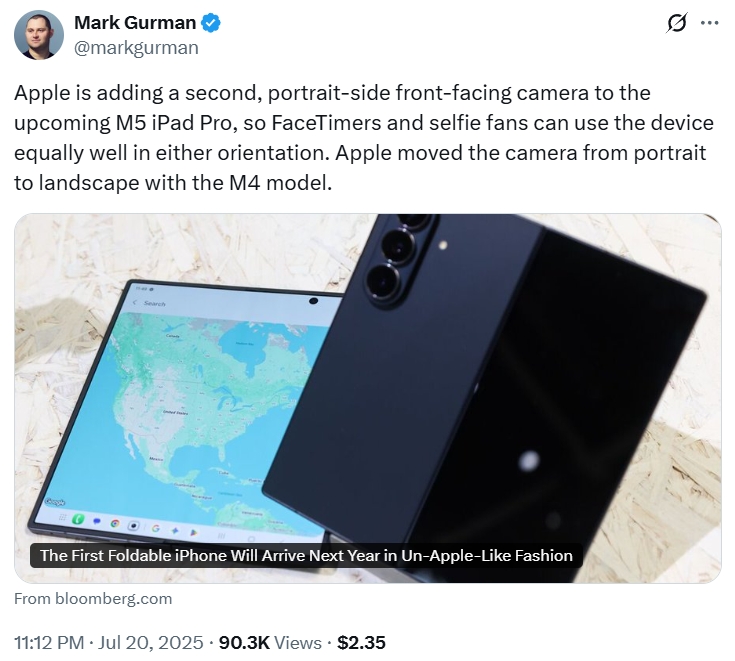 Mark Gurman on iPad Pro M5 getting a second front camera