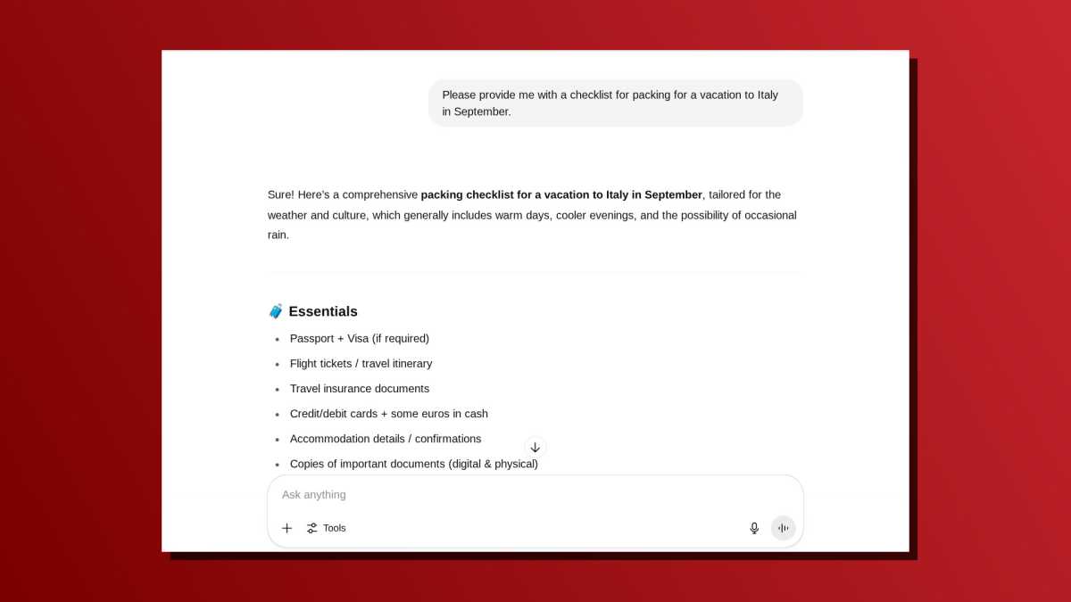 ChatGPT one-line prompt vacation packing checklist screenshot