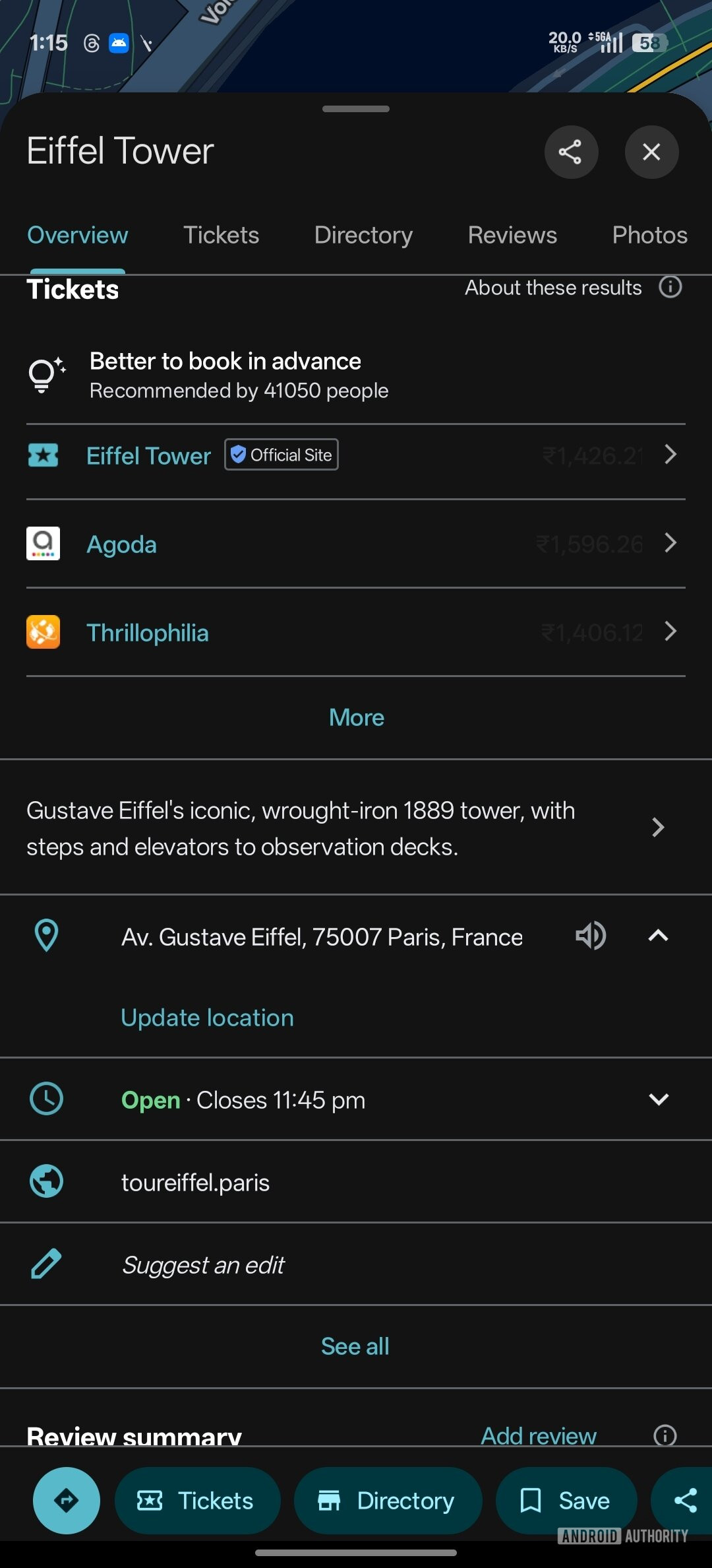 Google Maps overview old UI dark mode
