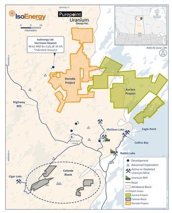 Figure 3: IsoEnergy and Purepoint Uranium Joint Venture including, Dorado Project, Aurora Project and Celeste Block (CNW Group/IsoEnergy Ltd.)
