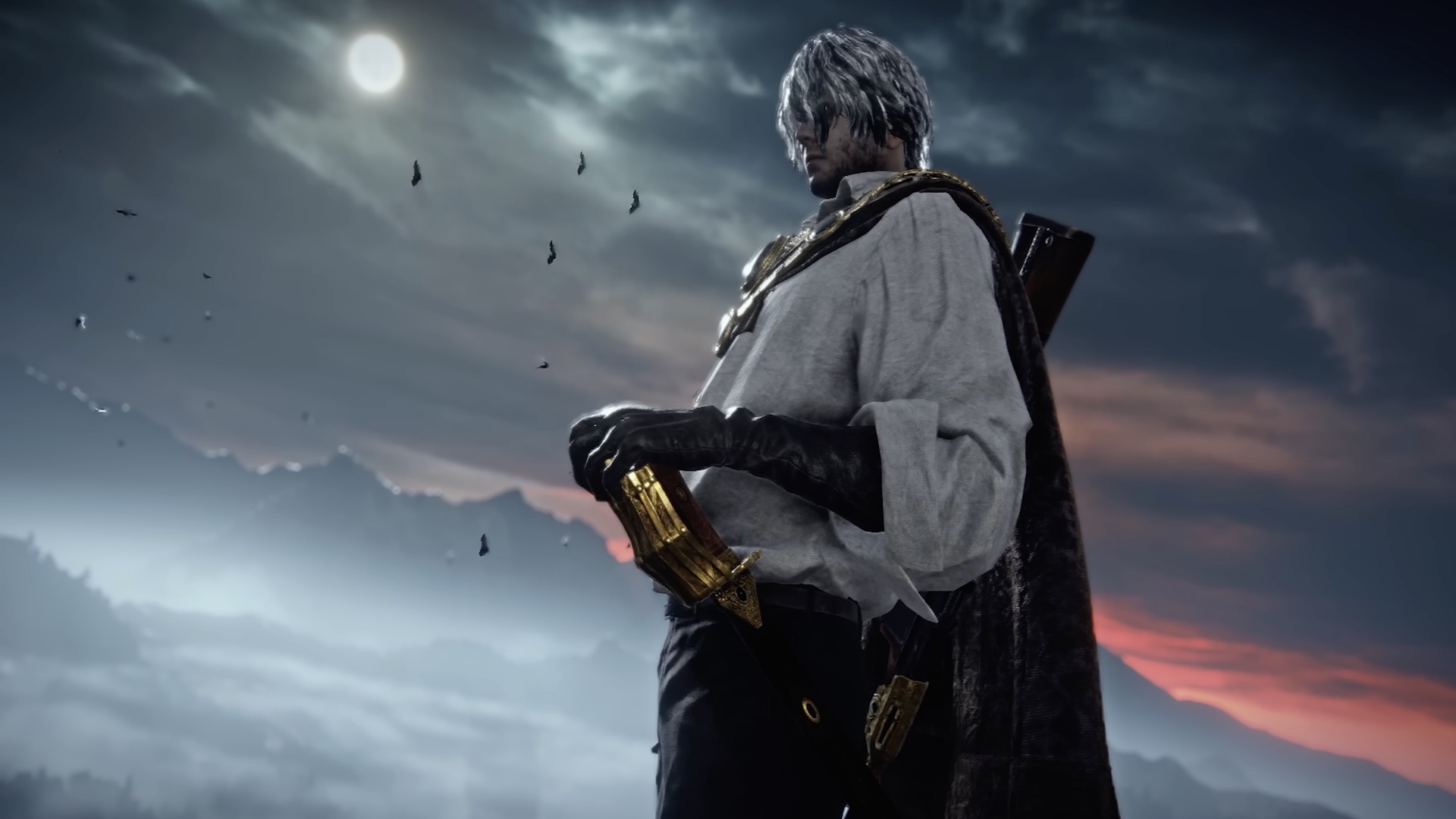 A cape-wearing man stands against a moonlit sky