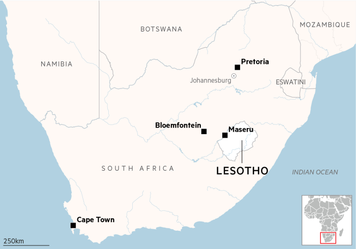 Map showing Lesotho, a landlocked country surrounded by South Africa, with its capital Maseru marked