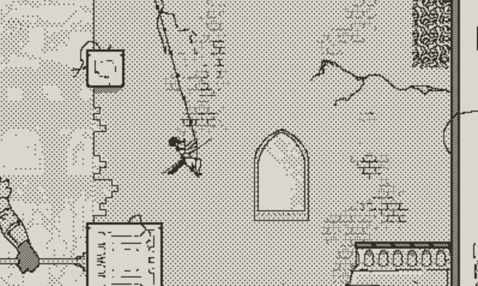 A still from the Playdate game Taria & Como showing a girl swinging from a rope between platforms in a crumbling building