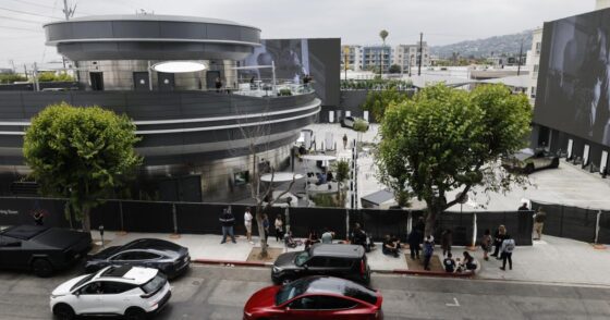 Tesla fans line up to get into the long-awaited Tesla Diner in Hollywood