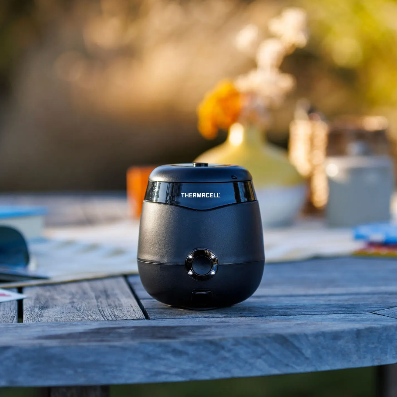 Thermacell mosquito repeller, a small black semi-circular unit, sitting on a picnic table.
