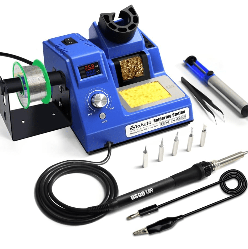 Soldering kit including station, soldering iron, and various tips and wires.