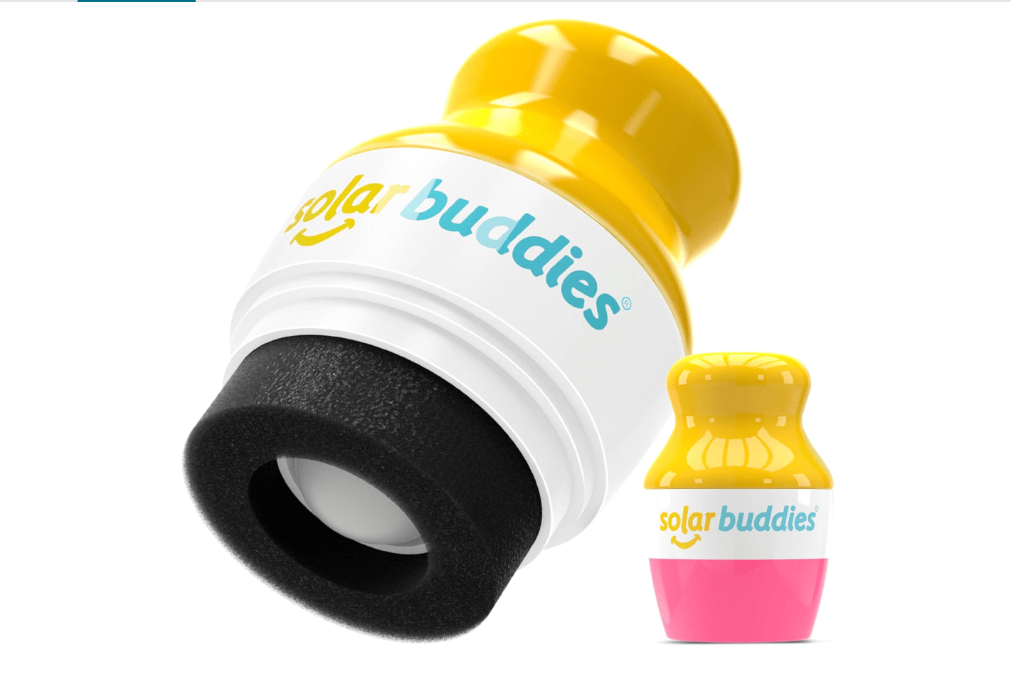 Two sunscren applicators, one floating in close-up, one upright and smaller.