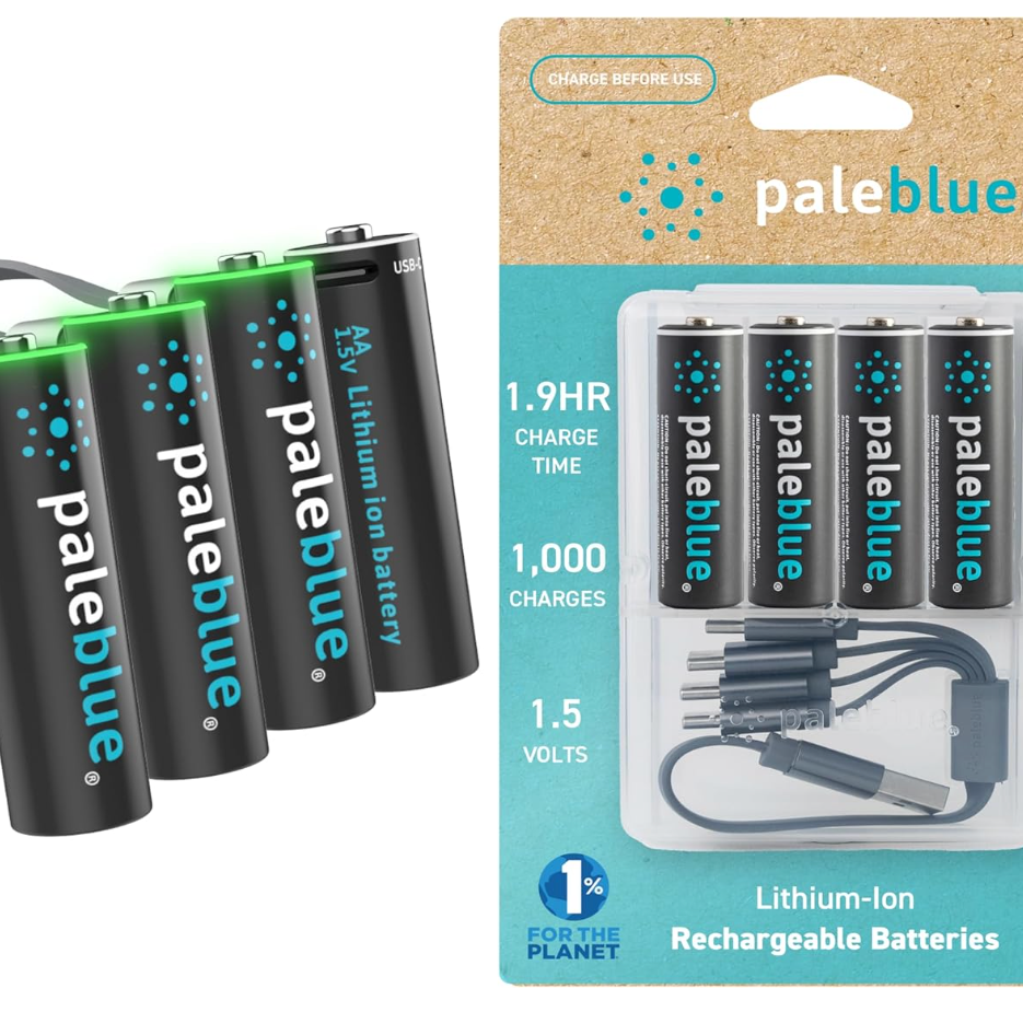 Four AA batteries on the left, a package of the same batteries on the right.