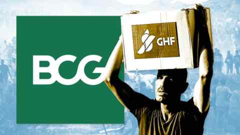 Displaced Palestinians carrying relief supplies from the Gaza Humanitarian Foundation return from aid distribution centres in Rafah to their tents in the southern Gaza Strip on May 29. Boston Consulting Group logo