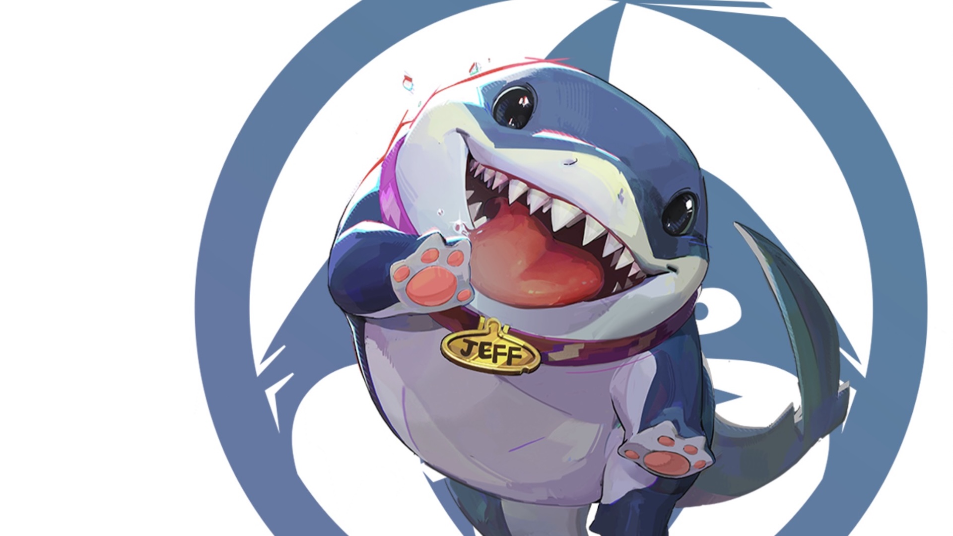 Jeff the Land Shark smiles against his blue shark logo