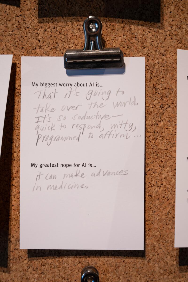 Notes written by people visiting the Exploratorium's "Adventures in AI" exhibition list their greatest worries and hopes