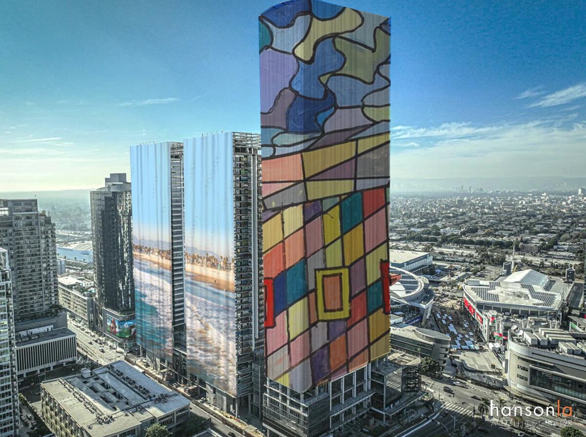 A skyscraper wrapped in a colorful patterned covering, next to other high-rises