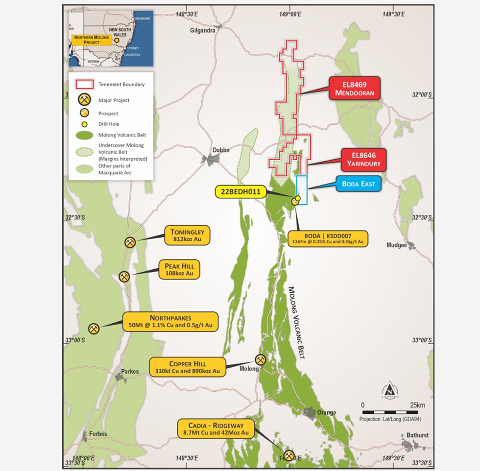 Map of mineral projects in New South Wales, highlighting Alie Queen's Boda East & Mendooran Projects
