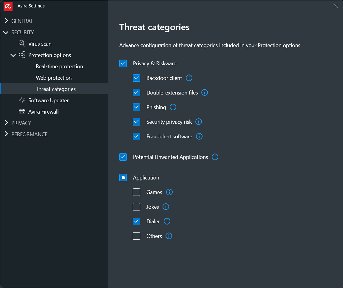 Avira Prime advanced settings - threat categories (March 2024)