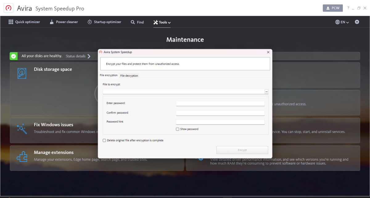 Avira Prime's encryption tool (March 2024)