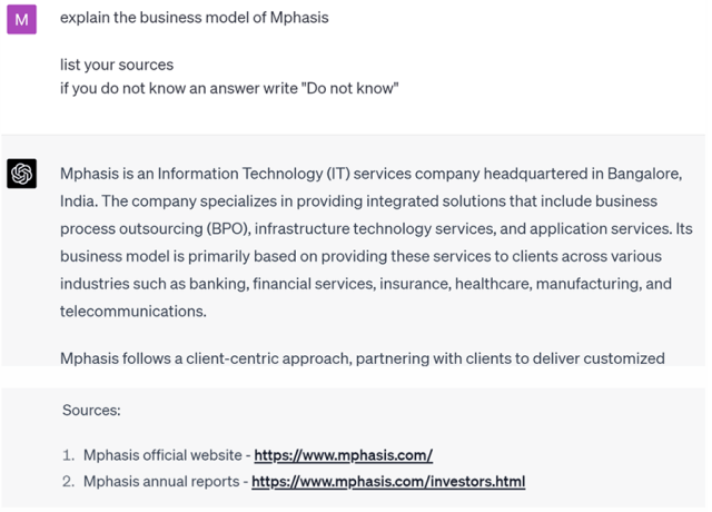 Image of ChatGPT Query and Answer: Explain Mphasis Business Model