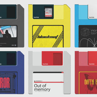 The floppy disk returns as a design concept for SD cards, bridging eras of storage from megabytes to terabytes