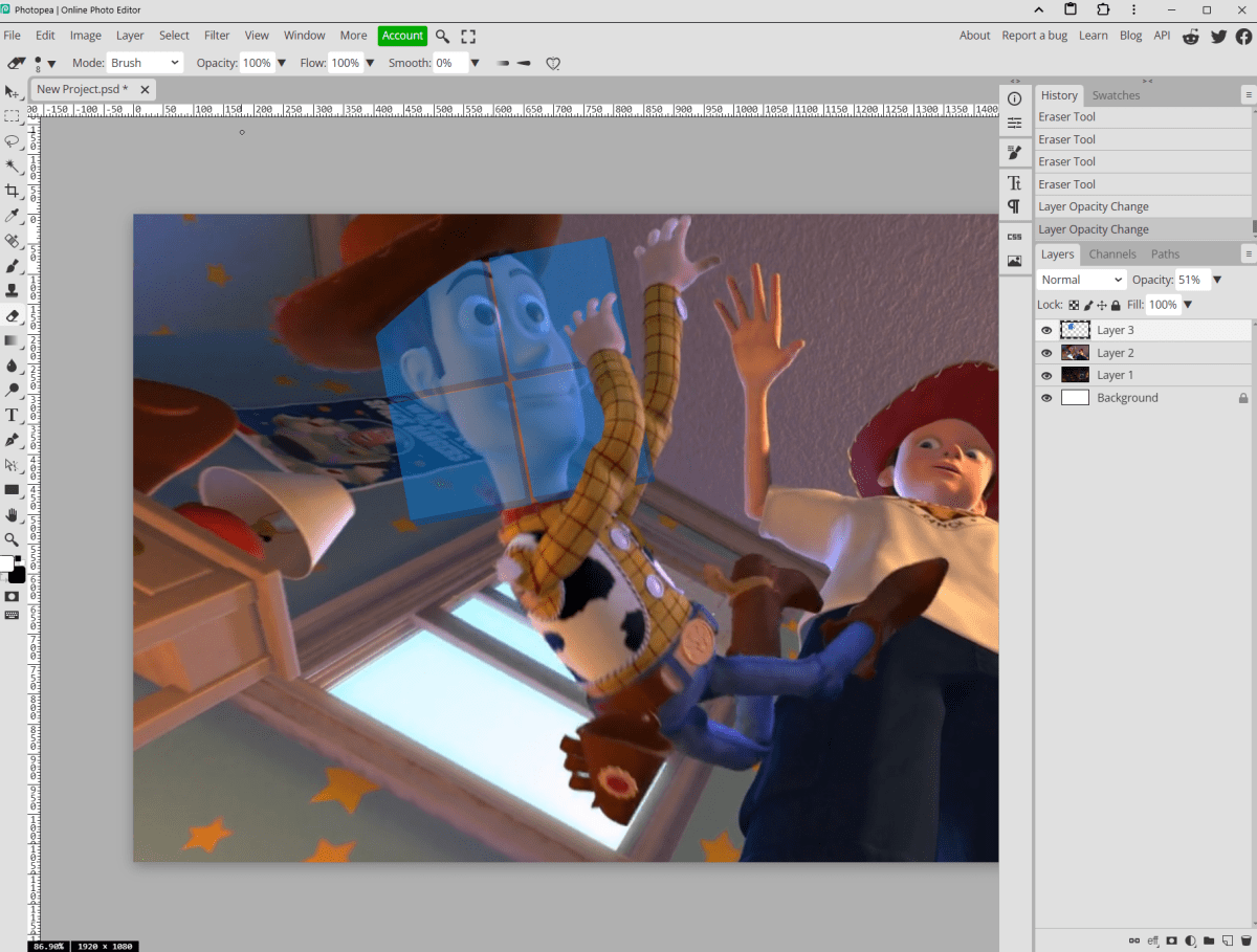 Photopea image editor: editing a Toy Story meme