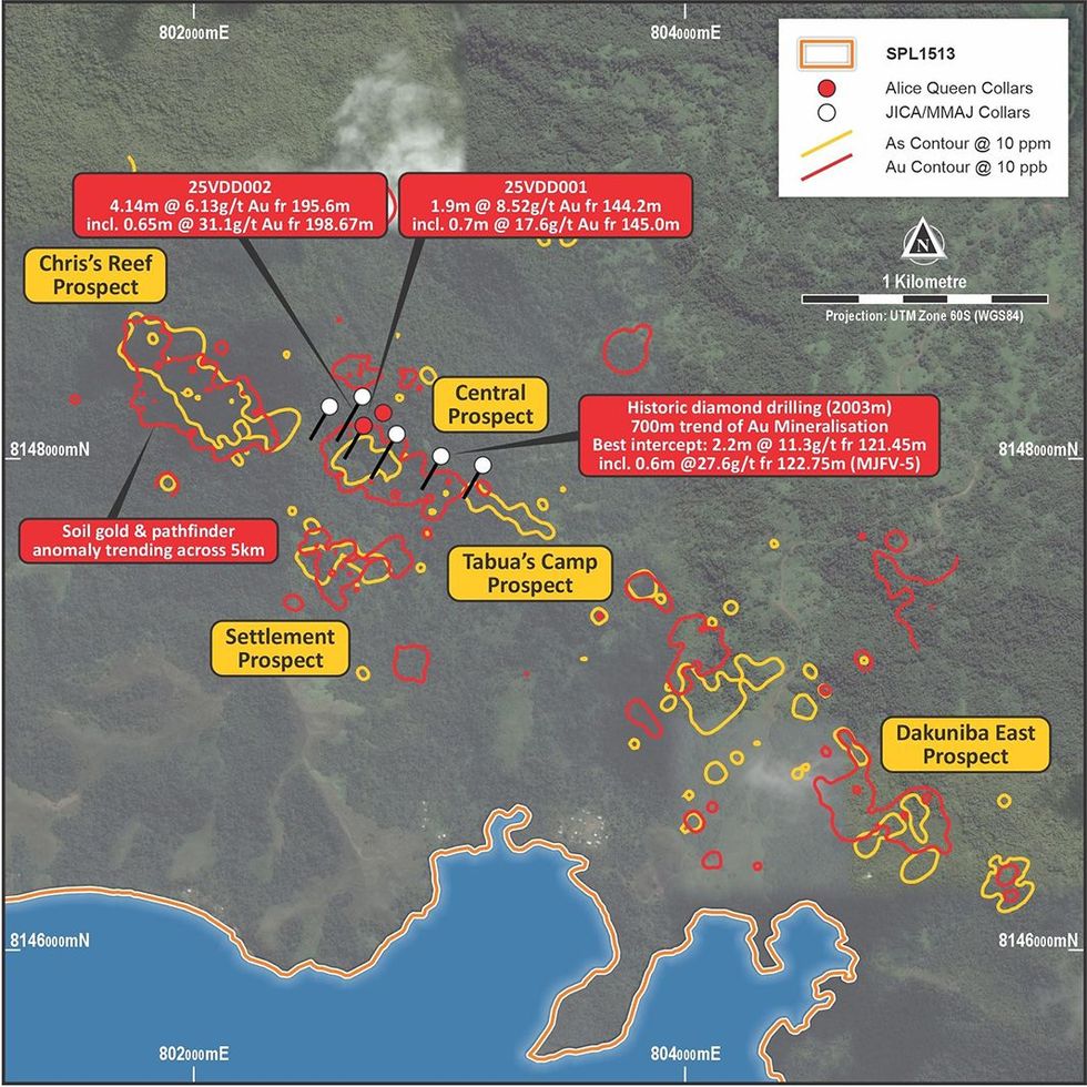 Map of Alice Queen's Viani project with mineral prospects.