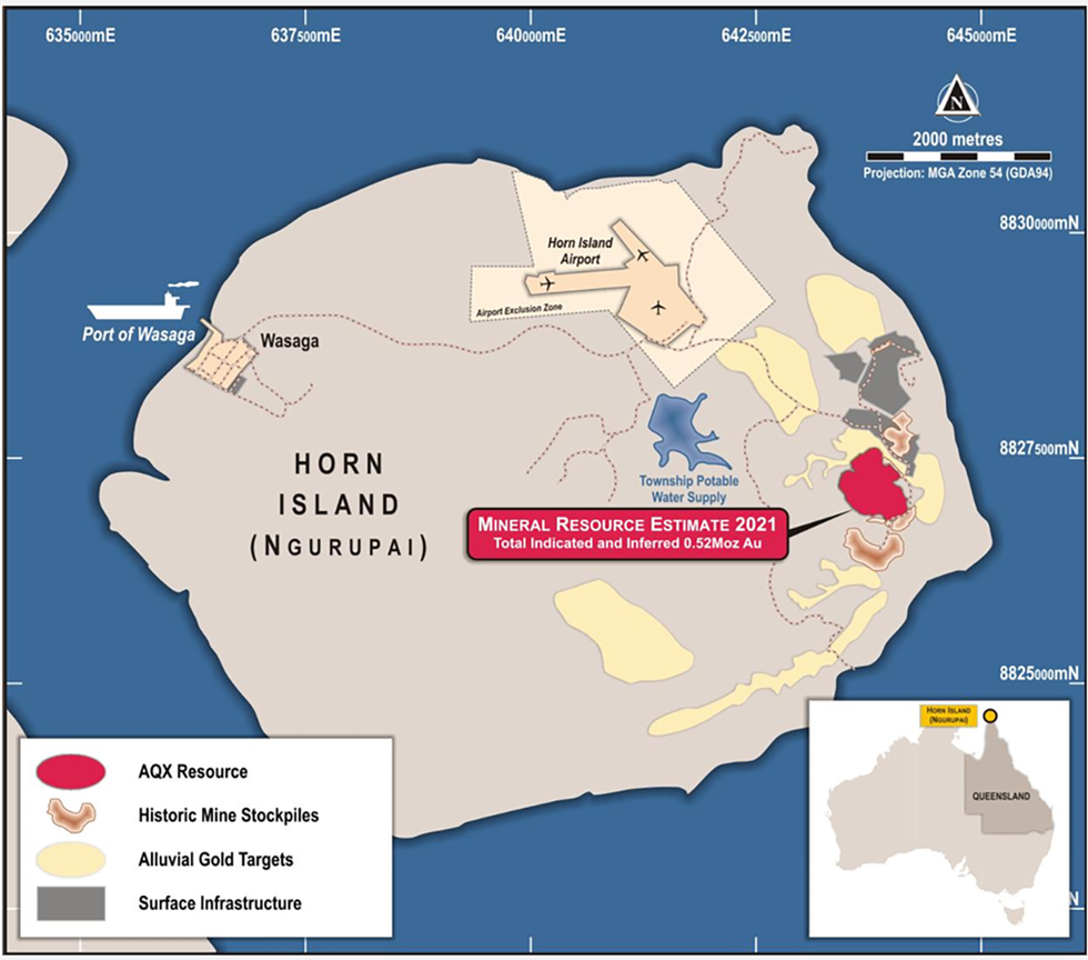 Map of Alice Queen's Horn Island project showing mineral resource estimate and key infrastructure.