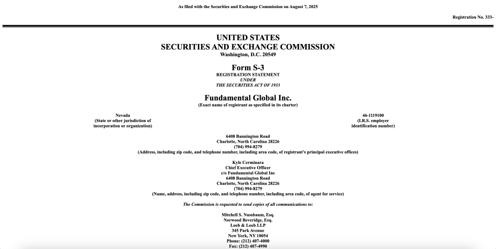 Fundamental Global Inc S-3 Form | Source: US Securities and Exchange Commission