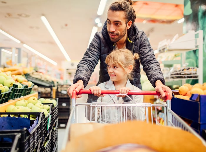 A parent and child pushing a shopping cart through the produce section of a store.