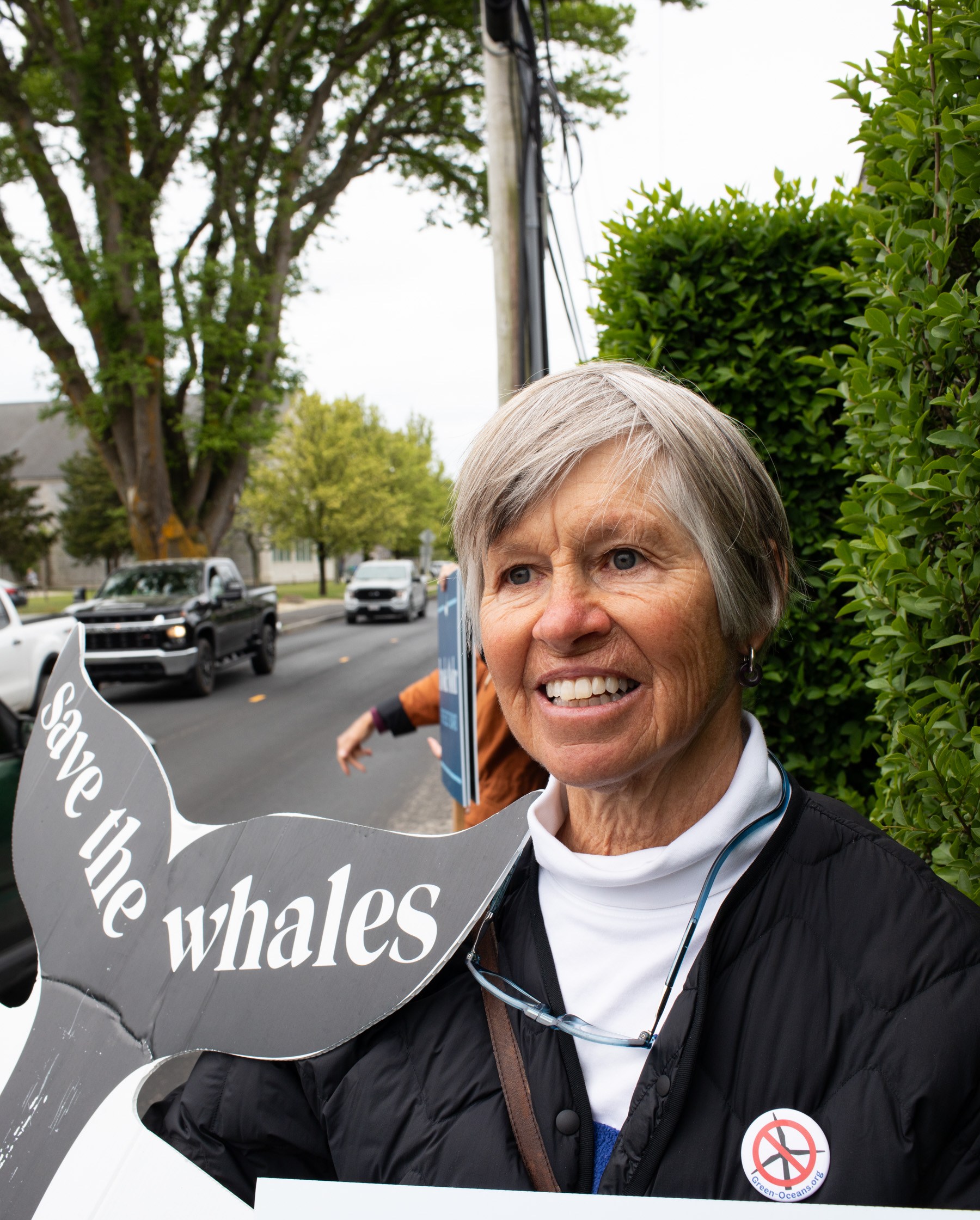 Candidates campaigned across the street from Nantucket High School, where voting was taking place for local elections in Nantucket, Massachusetts, on May 20th. Running for a seat on the Select Board, Mary Chalke has been strongly opposed to Vineyard Wind’s wind farm located off of Nantucket’s South Shore, claiming that it harms marine life, specifically the North Atlantic right whale.
