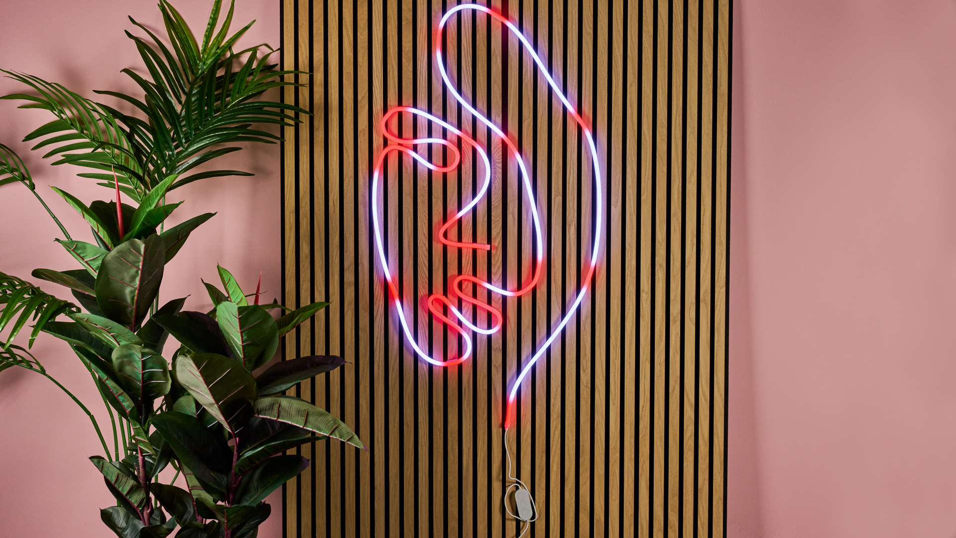 The Govee rope light is arranged in the shape of a woman's face, and is lit up red in the areas where the brackets needed to be placed.