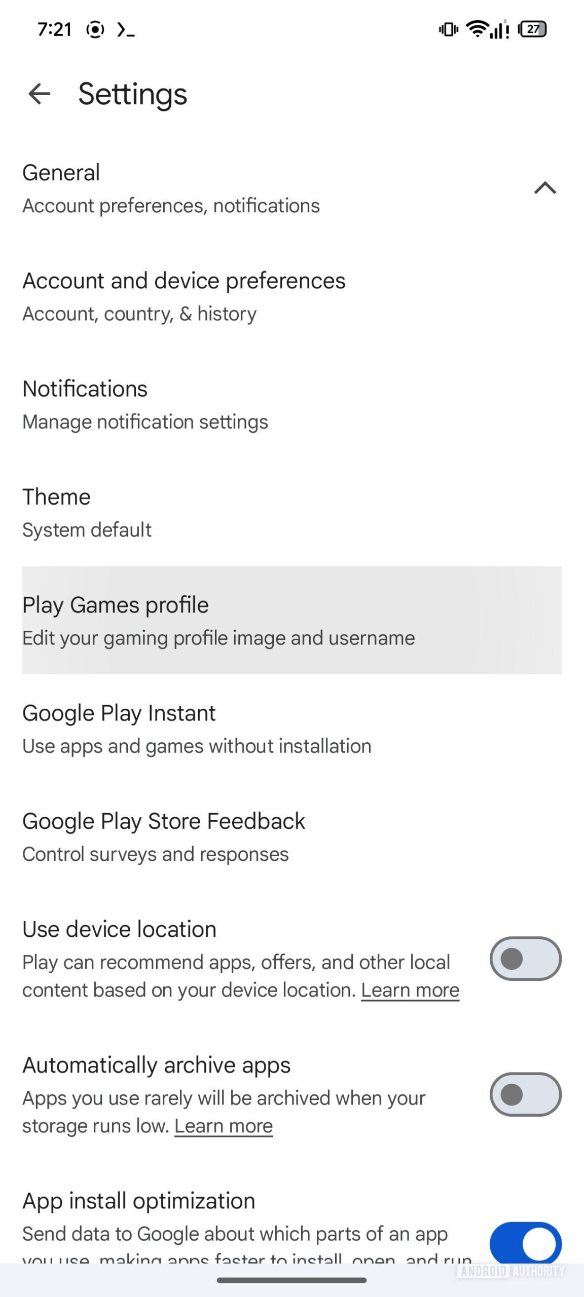 Google Play Store Play Games Profile Settings